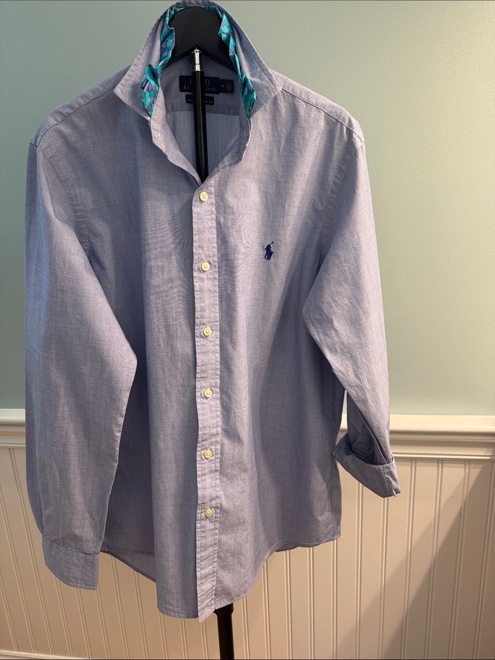 Reimagined Polo by R Lauren Blue shirt with Embroidered navy Pony. Dual collar